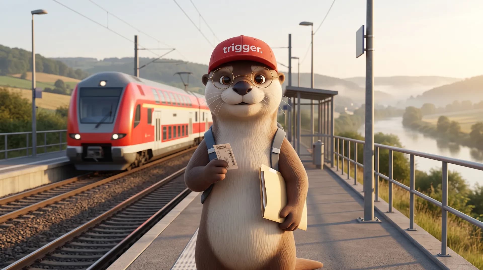 La loutre trigger attend sur le quai d'une gare frontalière, billet et dossier en main, pendant qu'un train régional arrive dans une vallée au bord d'une rivière.