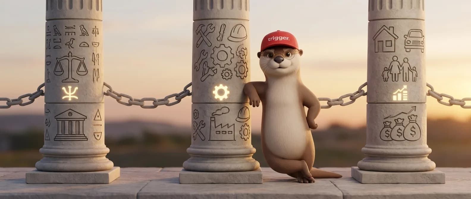 La loutre trigger, mascotte avec une casquette rouge, s'appuie sur un pilier gravé d'icônes symbolisant le travail, la famille et l'administration au Luxembourg.