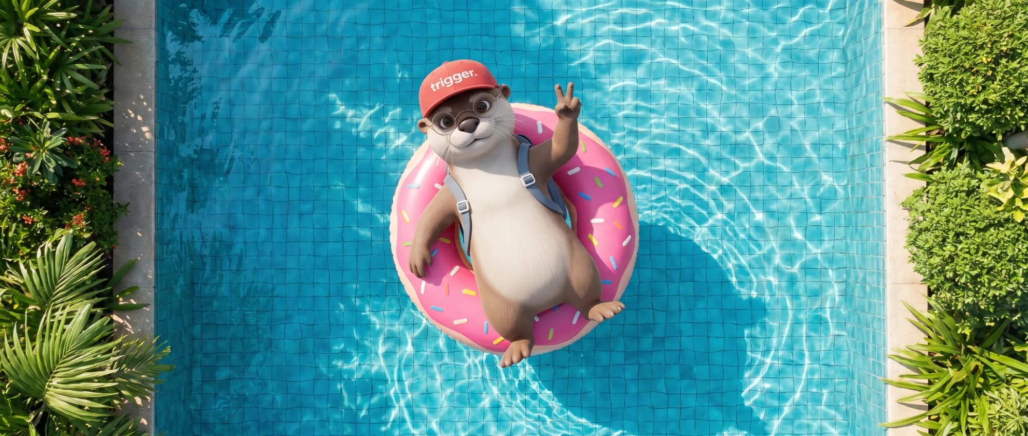 La loutre trigger avec sa casquette rouge se détend sur une bouée donut dans une piscine au Luxembourg.