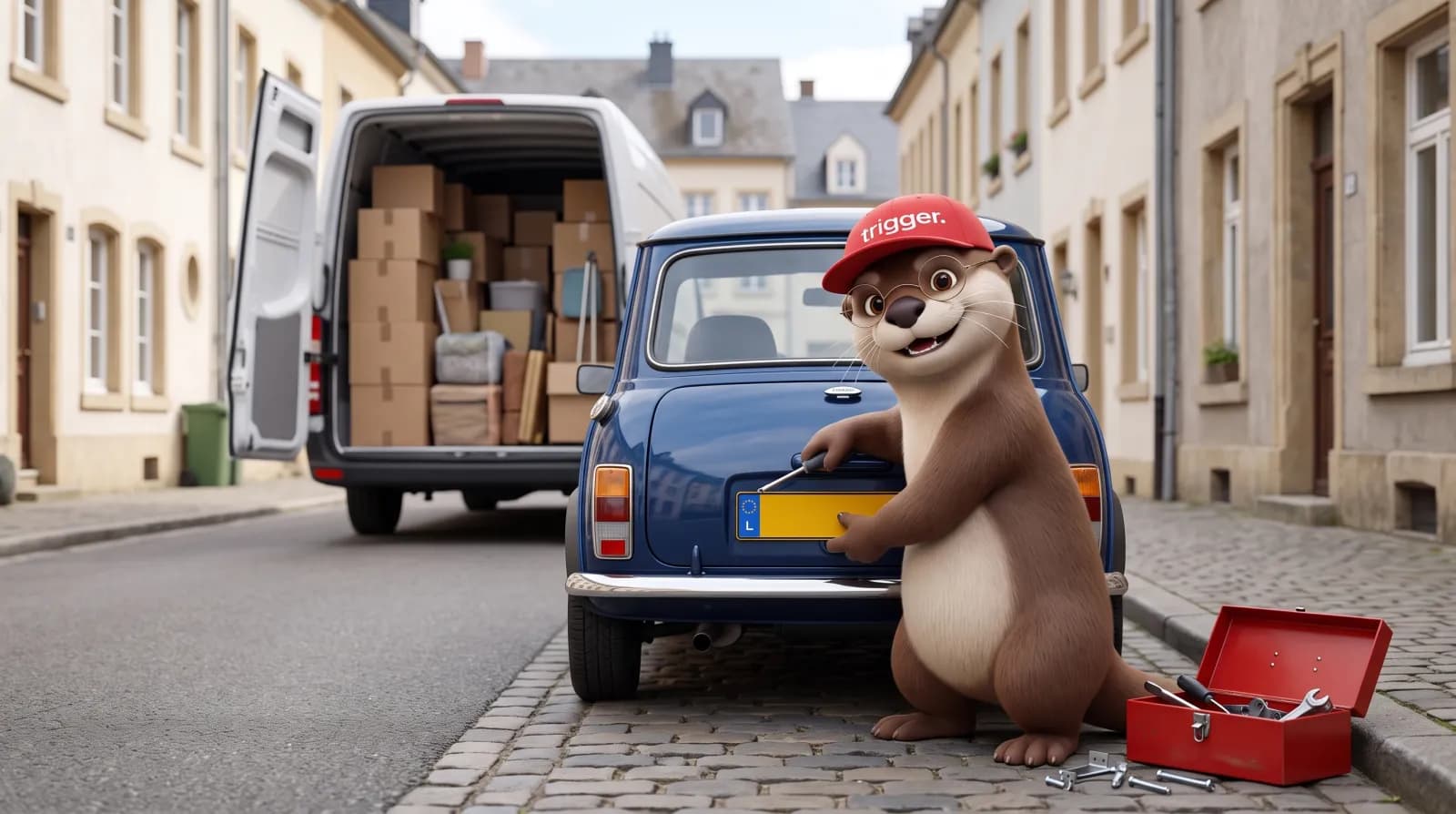 La loutre trigger fixe une plaque d'immatriculation jaune du Luxembourg sur une voiture bleue, devant un camion de déménagement.