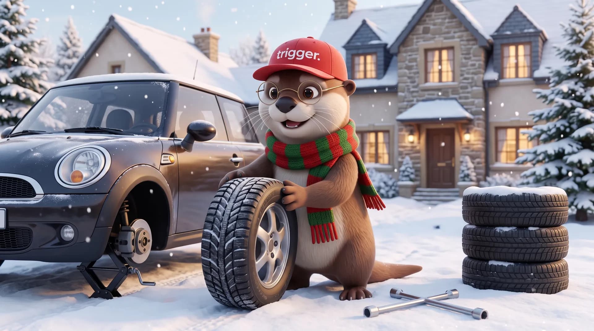 Sous la neige, la loutre trigger en écharpe fait rouler un pneu hiver vers sa voiture sur cric, les pneus été empilés à côté.