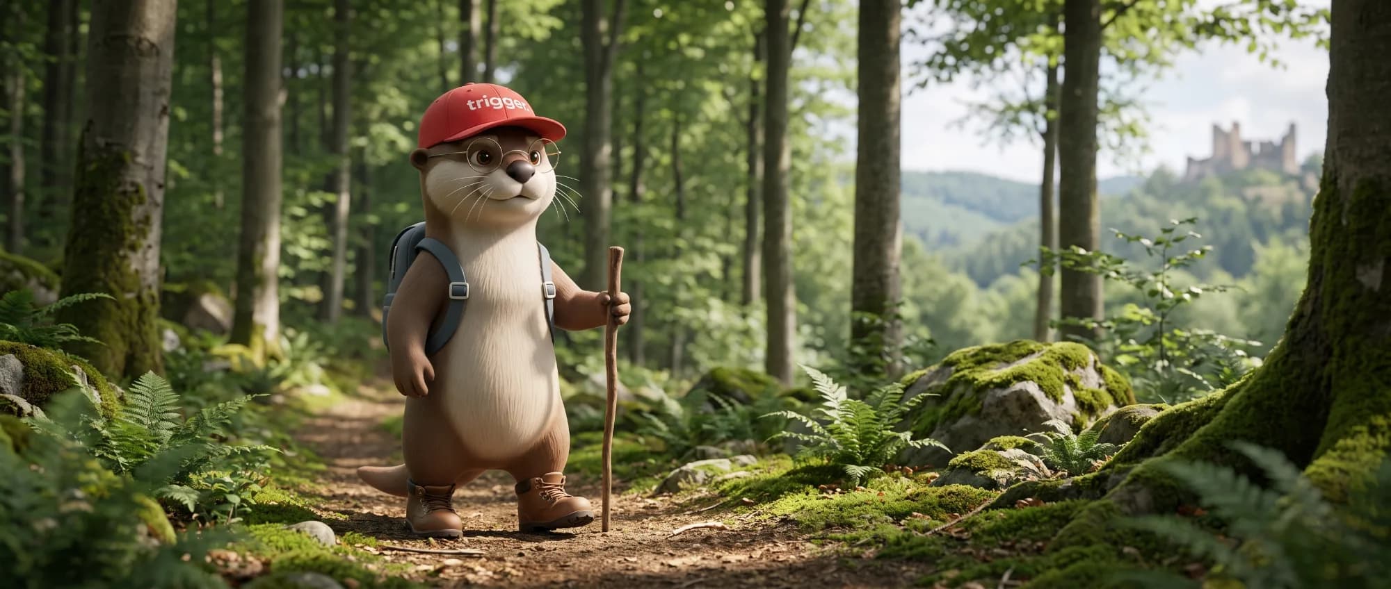 La loutre trigger avec un sac à dos et un bâton randonne dans une forêt du Luxembourg, un château en arrière-plan.