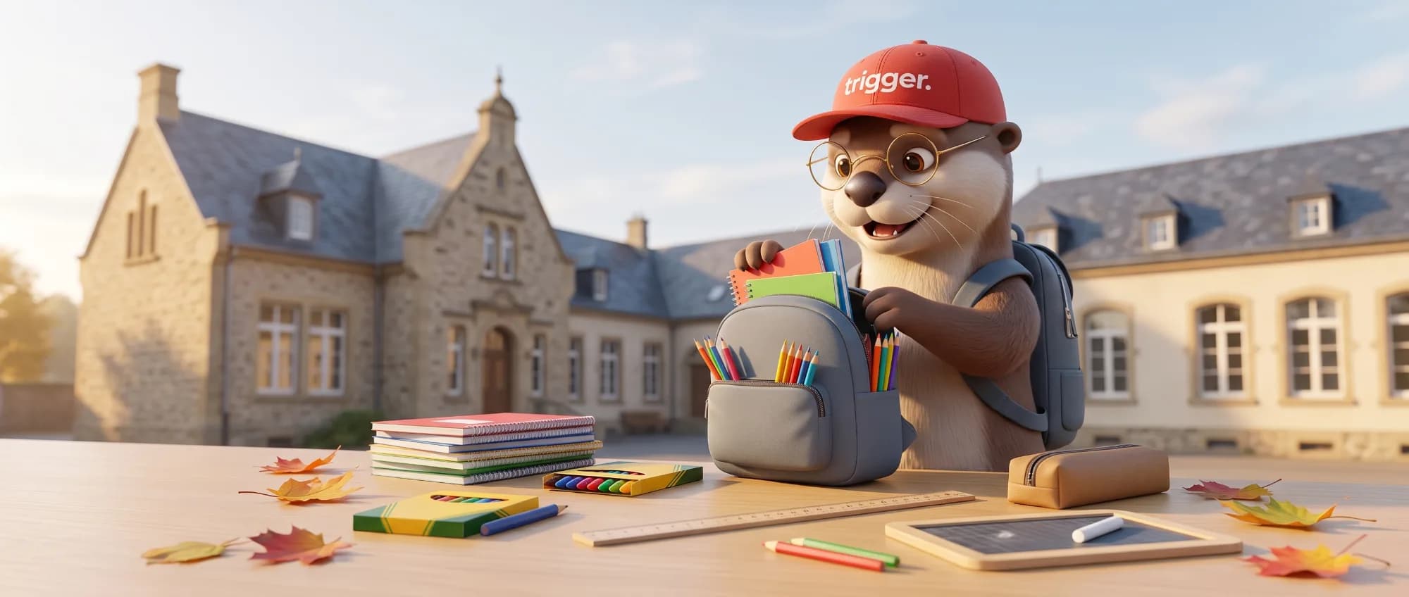 La loutre trigger prépare son sac à dos avec des fournitures scolaires devant une école pour la rentrée au Luxembourg.