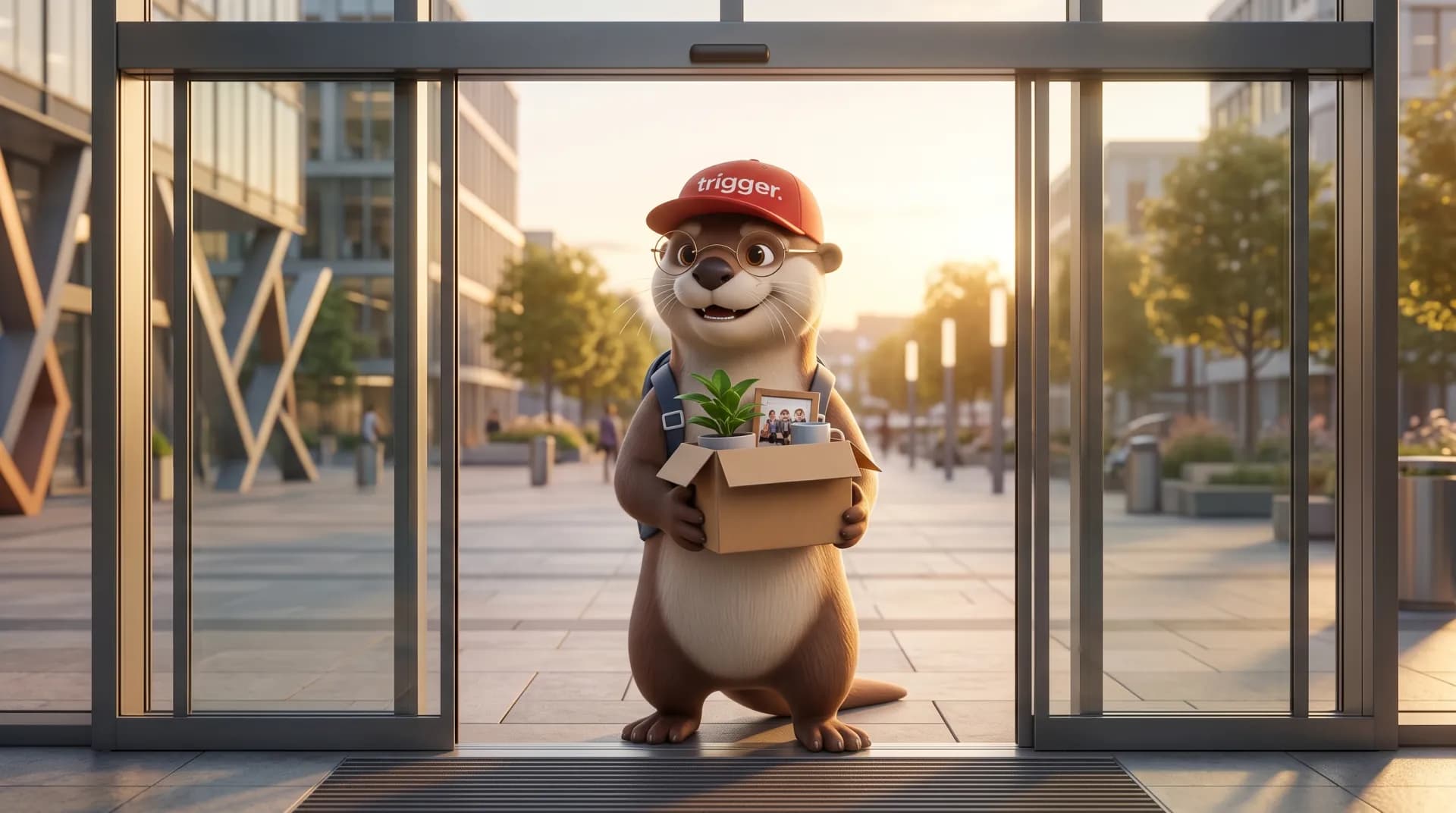 La loutre trigger sort d'un immeuble de bureaux au coucher du soleil, un carton dans les bras avec une plante, une photo et une tasse, tout sourire avant sa retraite anticipée.