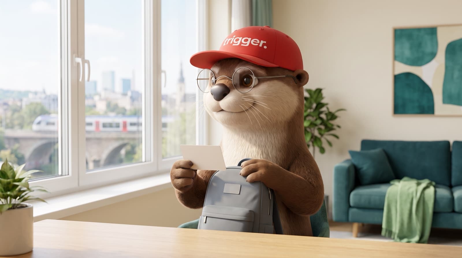 La loutre trigger porte une casquette rouge et tient une carte près d'un sac à dos devant une fenêtre à Luxembourg.