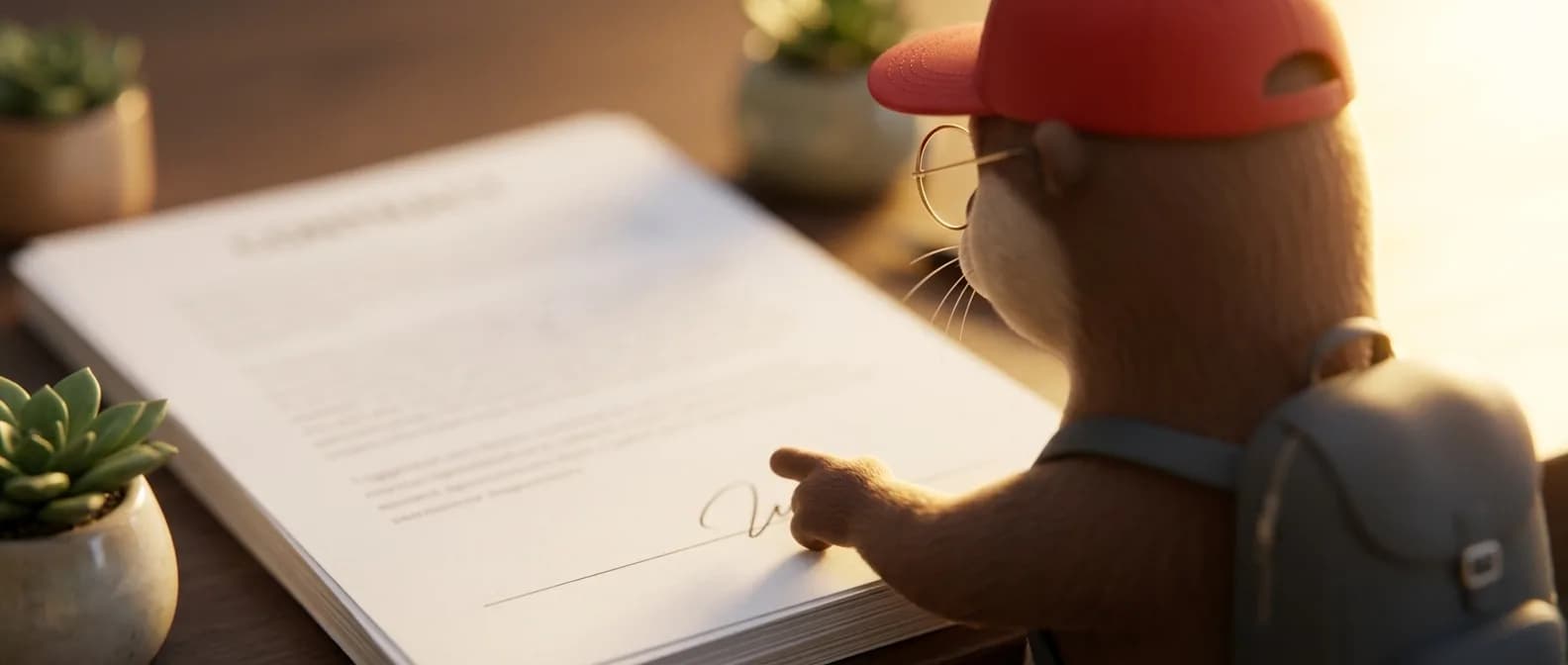 La loutre trigger, coiffée d'une casquette rouge et de lunettes, pointe une ligne de signature sur un document administratif au Luxembourg, entourée de plantes succulentes.
