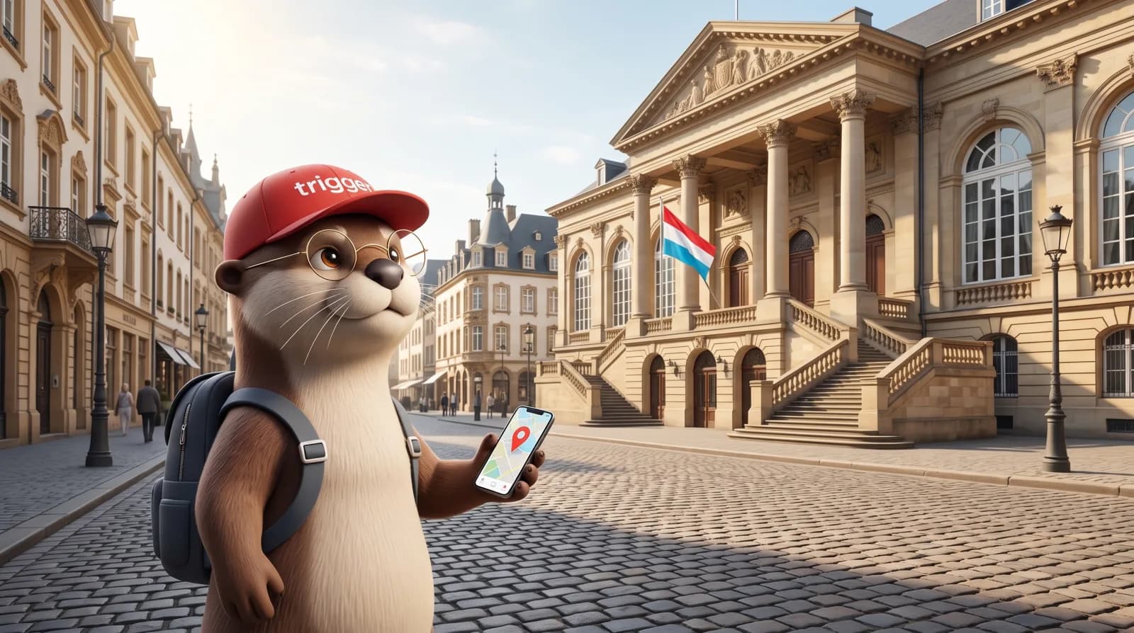 La loutre trigger portant une casquette rouge tient un smartphone affichant un GPS devant l'hôtel de ville du Luxembourg.