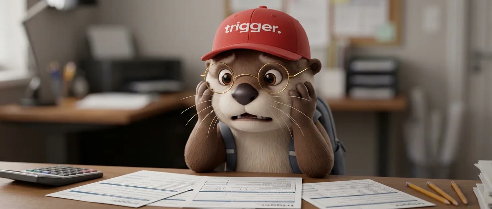 La loutre trigger, mascotte du guide, semble stressée devant des documents administratifs et une calculatrice sur un bureau, évoquant les démarches fiscales au Luxembourg.
