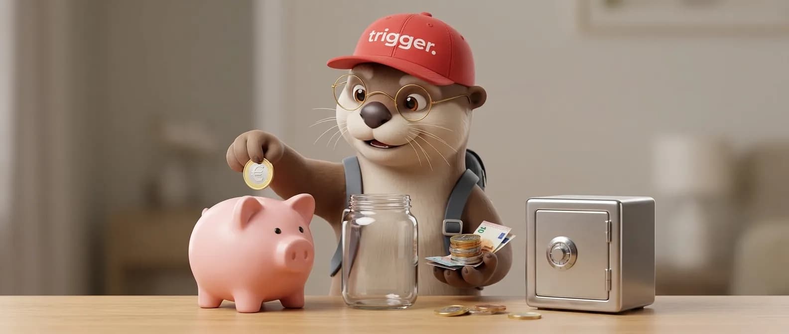 The trigger otter puts a euro coin into a piggy bank, surrounded by money, a jar, and a safe, representing savings in Luxembourg.