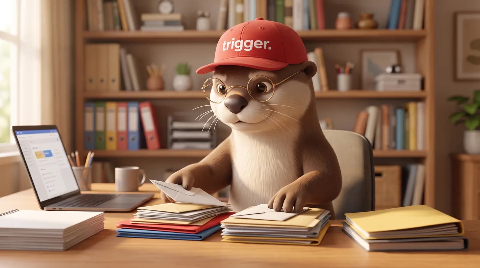 La loutre trigger avec des lunettes et une casquette rouge trie du courrier et des dossiers administratifs sur un bureau au Luxembourg.