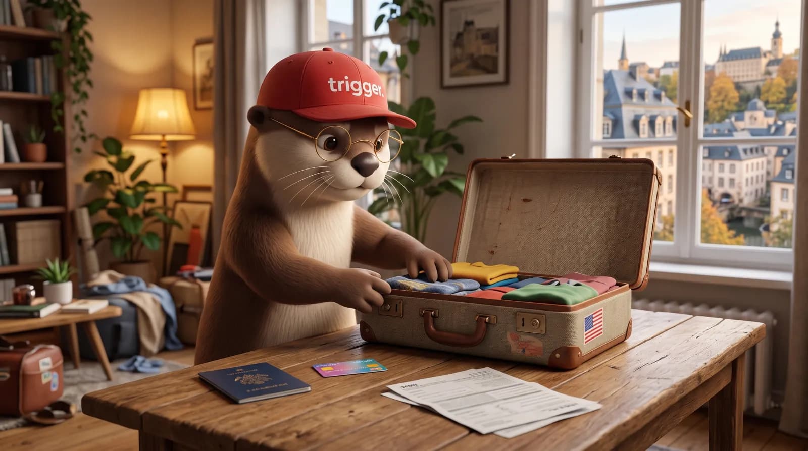 La loutre trigger prépare sa valise sur une table en bois avec son passeport, en vue d'un déménagement au Luxembourg.