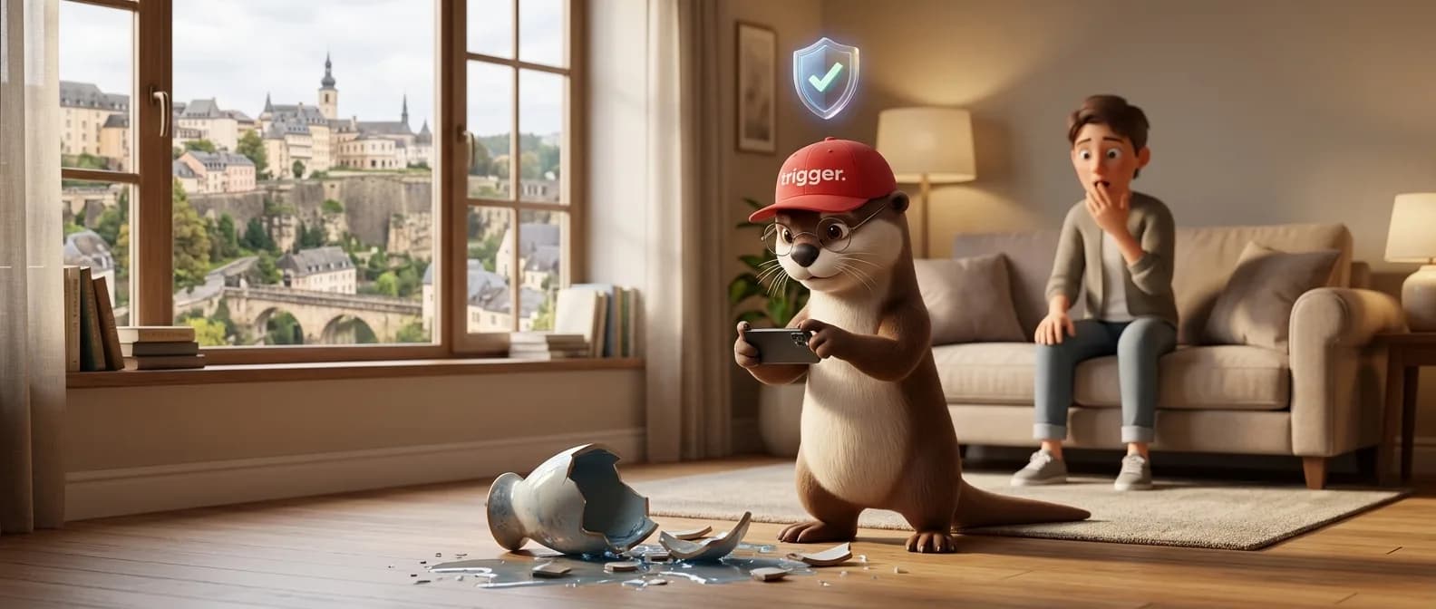 The trigger otter photographs a broken vase under an insurance shield icon, near a shocked man with a view of Luxembourg.