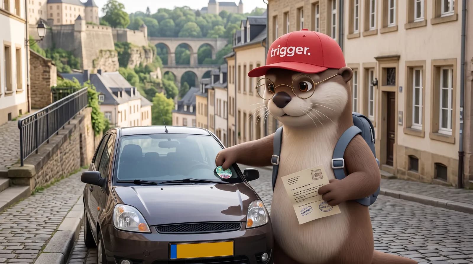 La loutre trigger colle une vignette sur le pare-brise d'une voiture garée dans une rue pavée au Luxembourg.