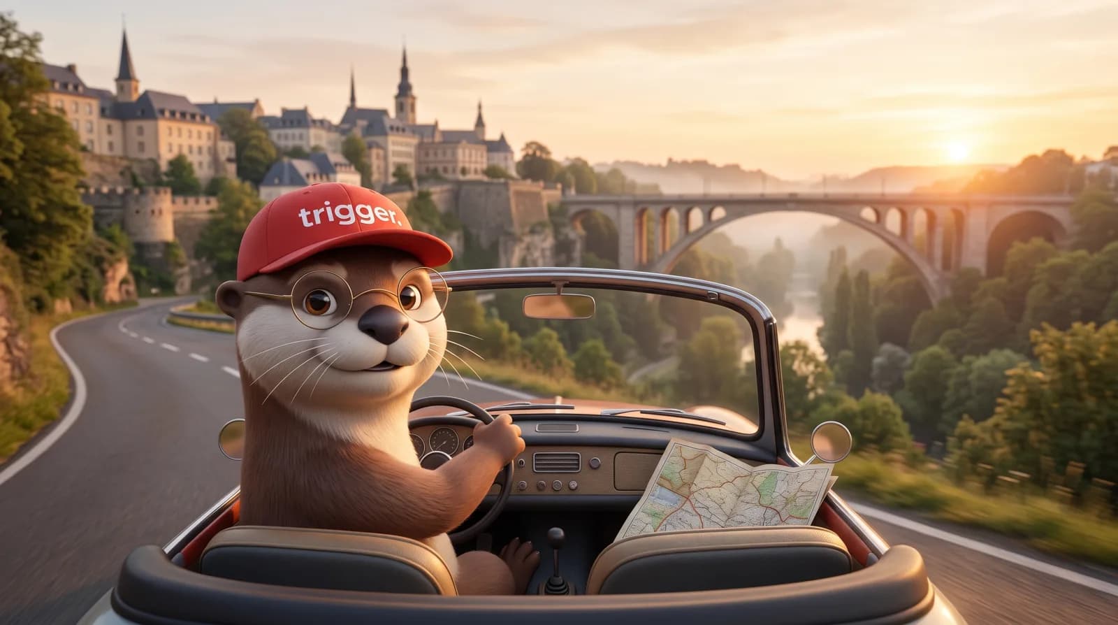 La loutre trigger au volant d'un cabriolet vintage à Luxembourg, avec le pont Adolphe et la vieille ville en arrière-plan.
