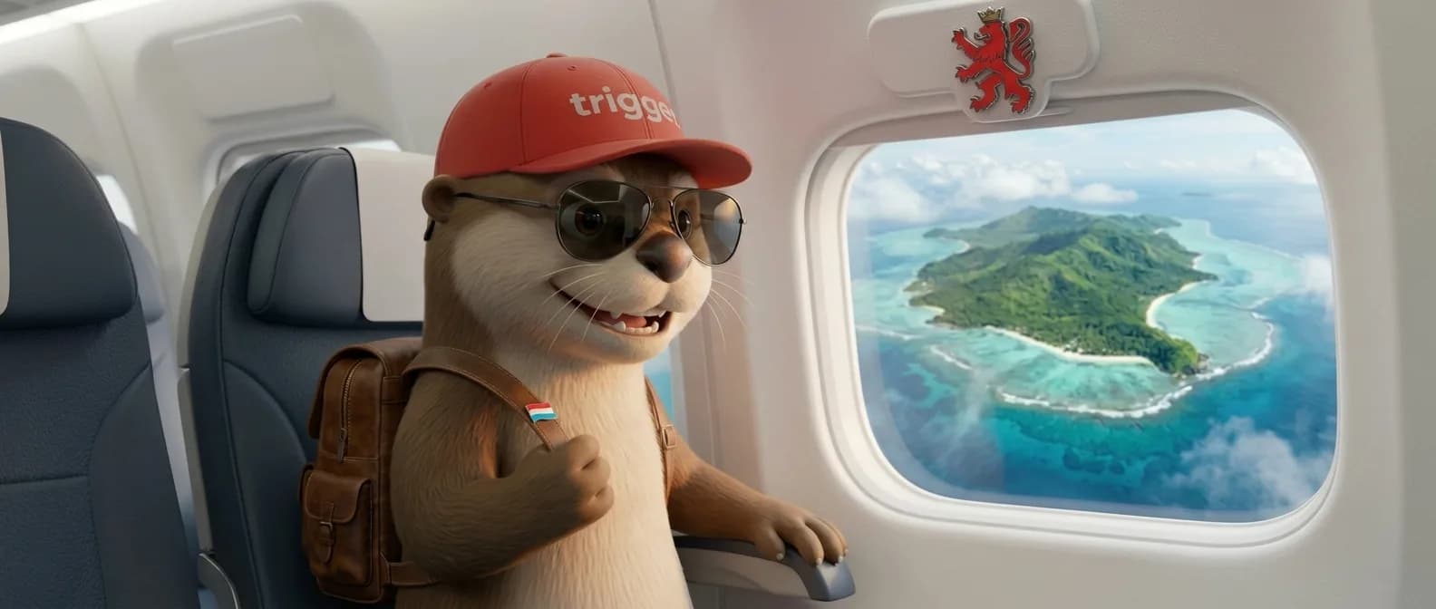 The trigger otter, the guide's mascot, smiles in an airplane, looking at a tropical island through the window. It wears a red cap and a Luxembourg flag.