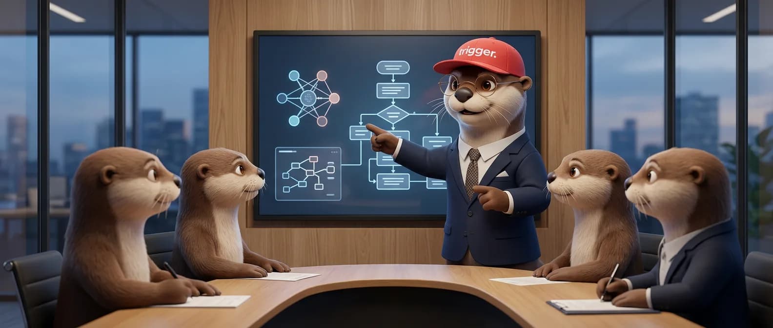 La loutre trigger, portant casquette rouge et costume, présente un diagramme à quatre autres loutres en réunion dans un bureau moderne à Luxembourg, avec vue sur la ville.