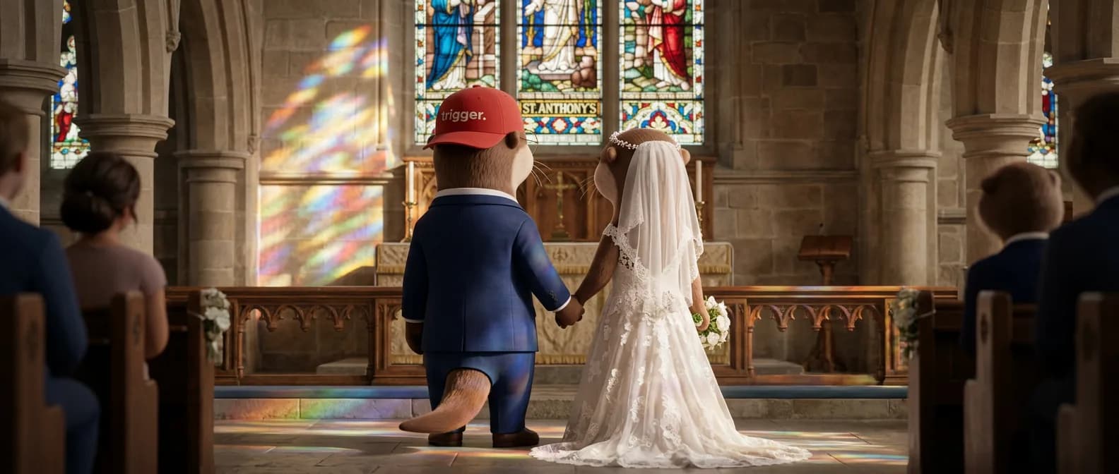 La loutre trigger, en marié avec sa casquette rouge, et sa mariée en robe blanche, se tenant la main dans une église lumineuse aux vitraux colorés, symbolisant un événement de vie au Luxembourg.