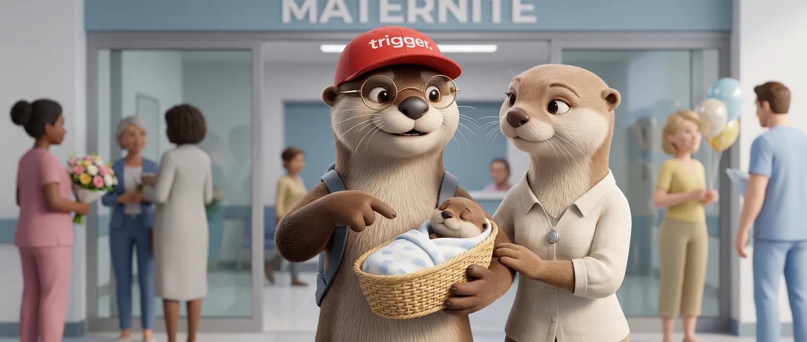 La loutre trigger et sa compagne souriantes, tenant leur bébé loutre endormi dans un panier à la maternité d'un hôpital au Luxembourg, avec des visiteurs flous en arrière-plan.