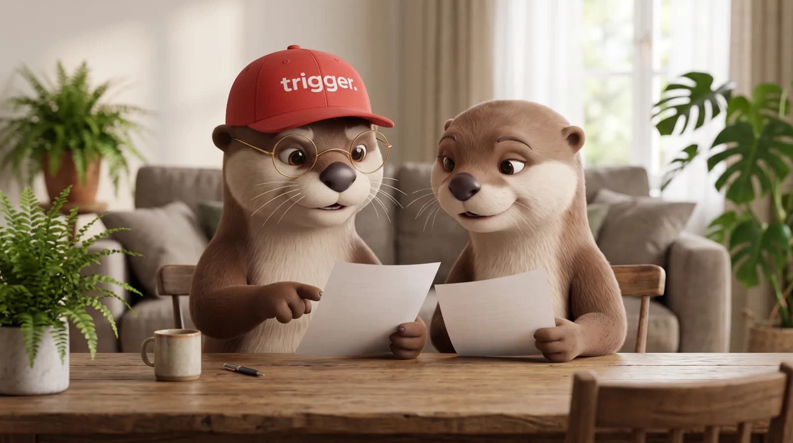 La loutre trigger avec sa casquette rouge et des lunettes analyse des documents administratifs aux côtés d'une autre loutre au Luxembourg.