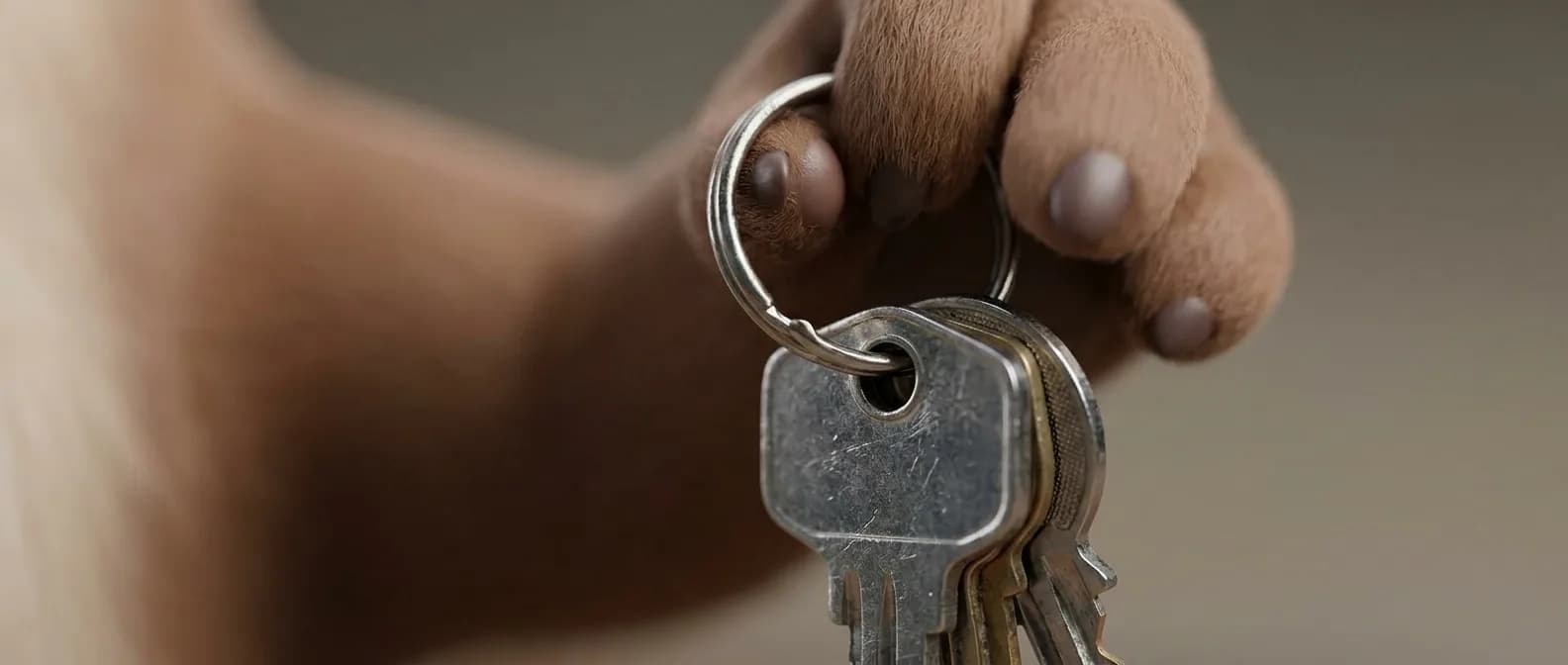 La main de la loutre trigger tenant un trousseau de clés, symbolisant l'accès au logement ou l'emménagement au Luxembourg.