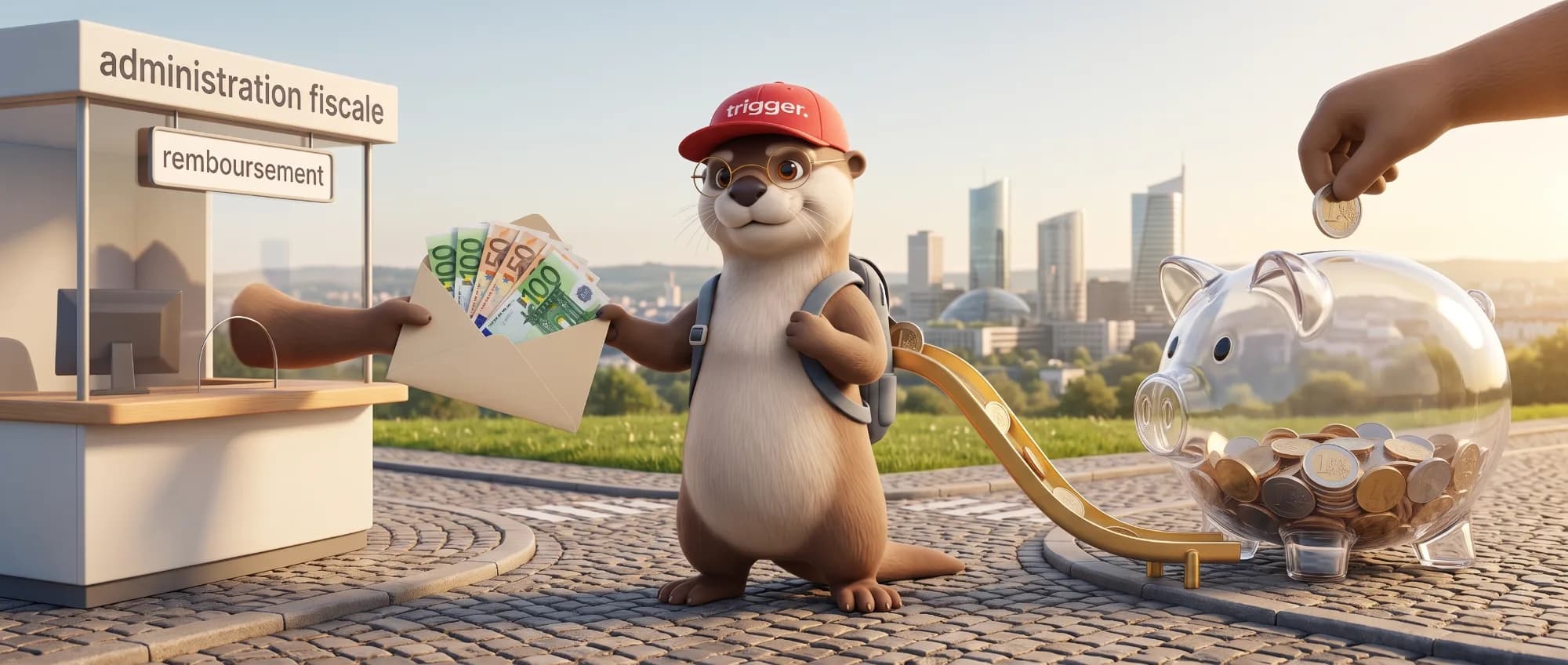 La loutre trigger reçoit un remboursement d'impôts de l'administration fiscale au Luxembourg et remplit une tirelire transparente de pièces.